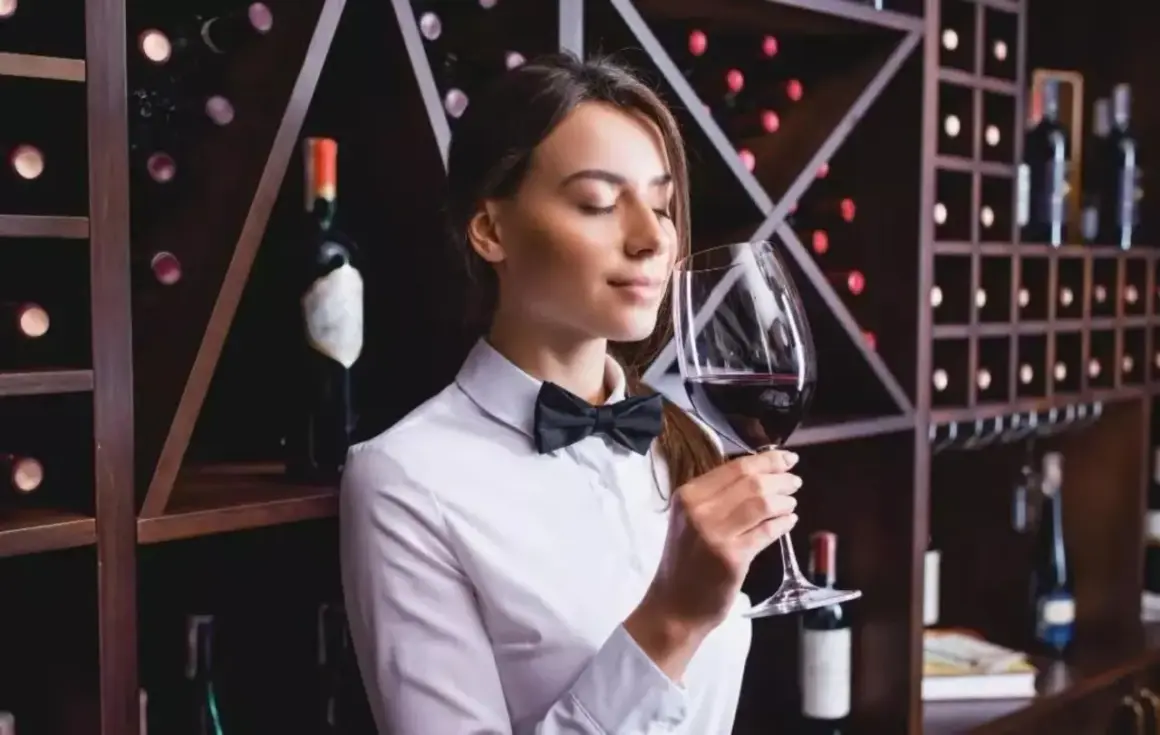 Sommelier annusa un bicchiere di vino Cannaiola, circondata da scaffali pieni di bottiglie.