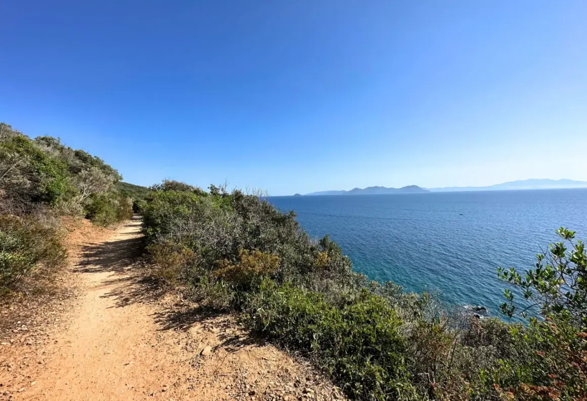 Sentiero sabbioso nella selva del Lamone, con vista sul mare blu e isole all'orizzonte.