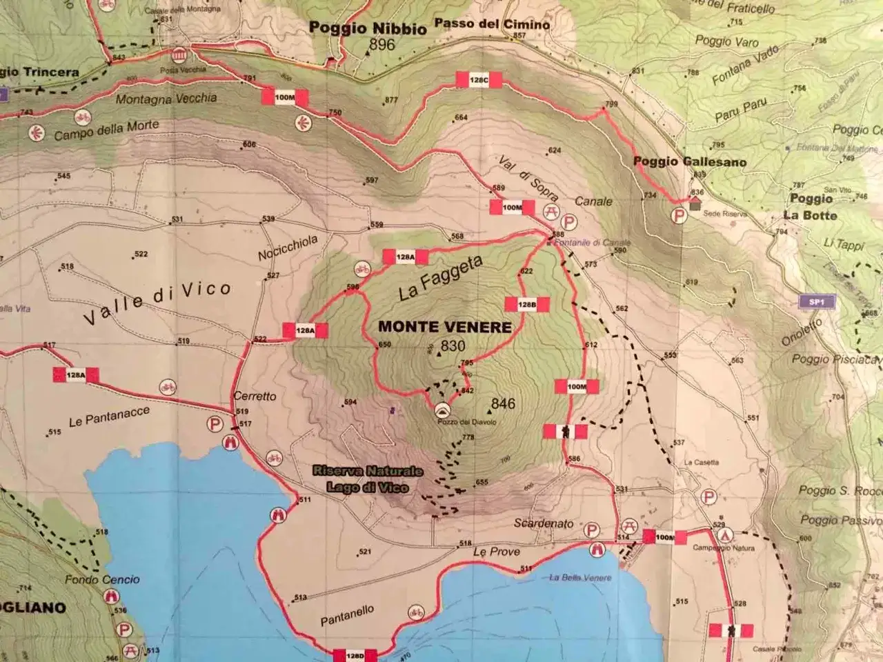 Mappa escursionistica del lago di Vico con sentieri, quote e località come Monte Venere e La Faggeta.