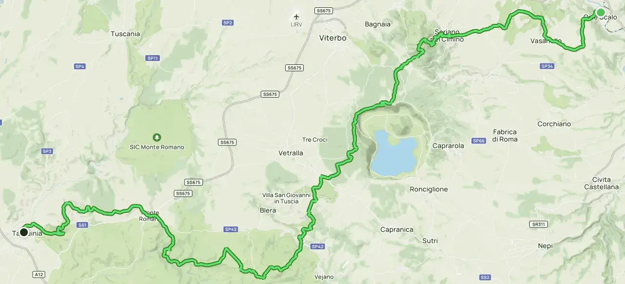 Percorso ciclabile da Tarquinia a Orte, Viterbo, passando per il lago di Vico e Soriano nel Cimino.