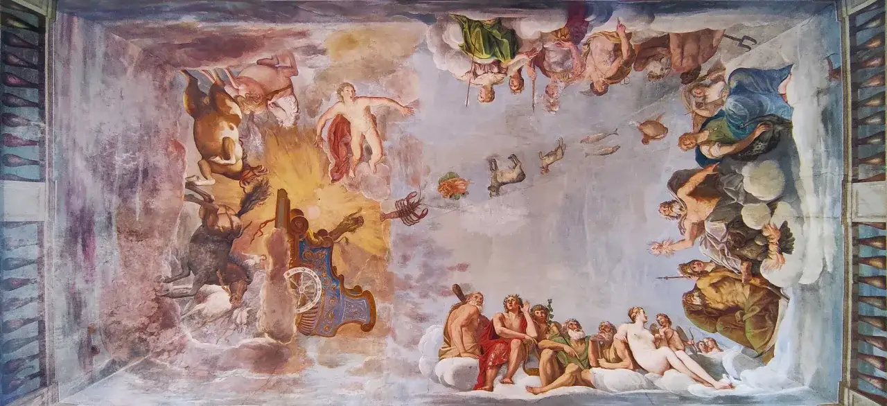Affresco mitologico nella Villa Giustiniani Bassano Romano: divinità e zodiaco tra nuvole e cavalli alati.