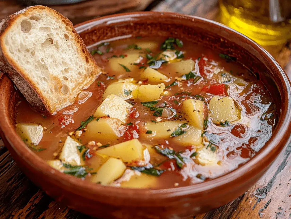 Zuppa di patate e pomodoro, un classico tra i piatti tipici viterbesi, servita con pane casereccio.