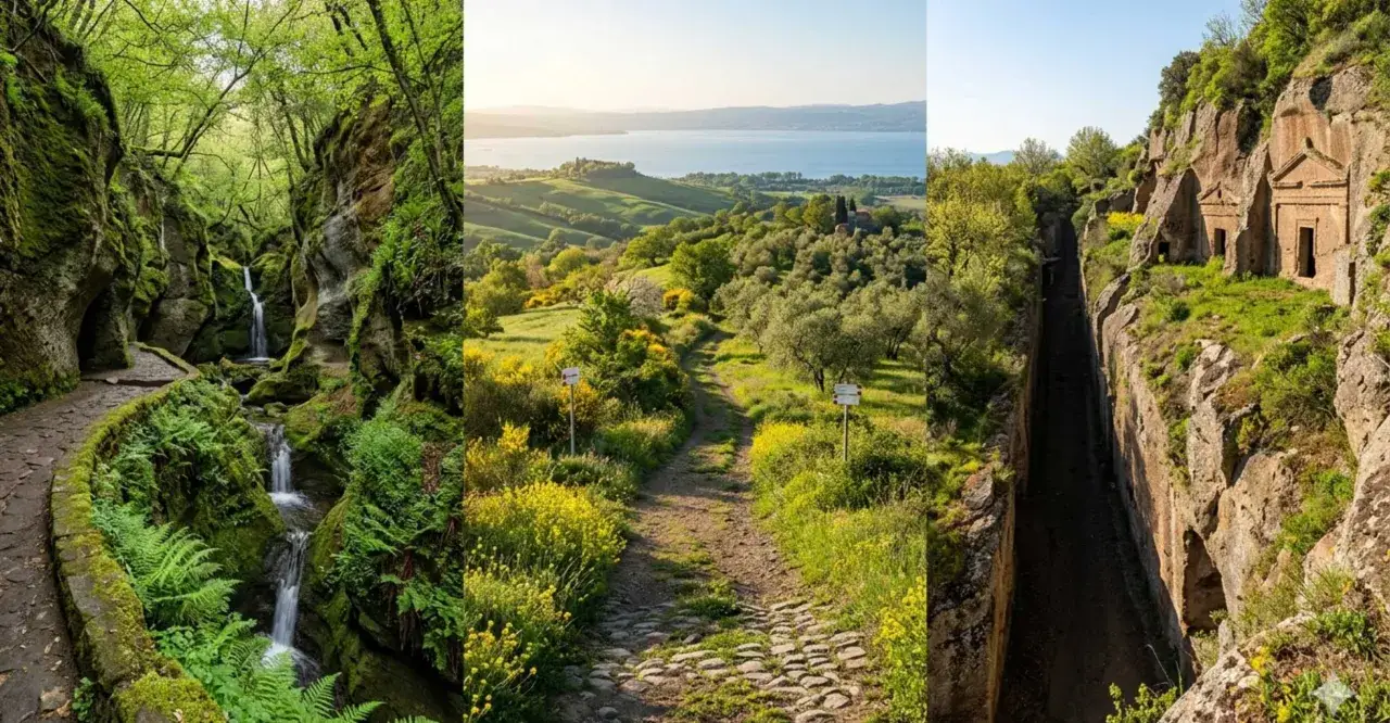 Sentieri di trekking in Tuscia: cascate nel bosco, colline verdi con lago e antiche tombe etrusche scavate nella roccia.