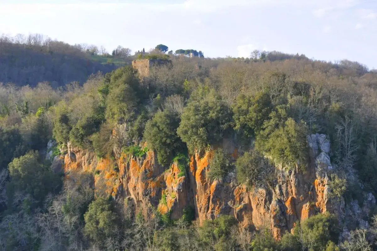 Scogliere arancioni e verdi circondano il borgo di Calcata Viterbo, immerso nel verde della vegetazione.