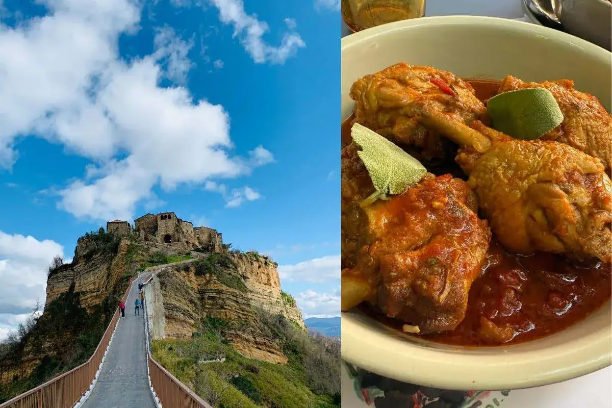 Civita di Bagnoregio, un borgo arroccato su una rupe, e un piatto di pollo in umido, perfetto da gustare dopo una visita all'enoteca Civita.