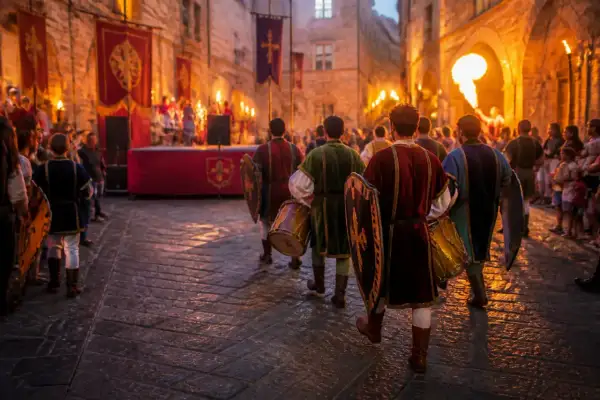 Uomini in costume d'epoca sfilano con tamburi e scudi, creando un'atmosfera di rievocazione medievale illuminata da torce.