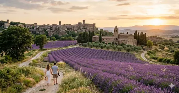 Coppia passeggia tra campi di lavanda a Tuscania, con borgo medievale sullo sfondo al tramonto.