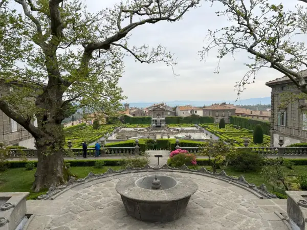 Giardini rinascimentali di Villa Lante della Rovere, con fontane, siepi geometriche e un grande albero in primo piano.