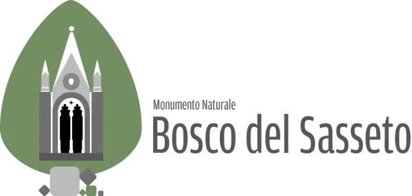 Monumento Naturale Bosco del Sasseto: un logo stilizzato con un edificio gotico e il nome del parco.