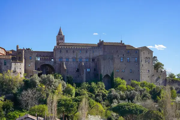 Il maestoso papal palace si erge su una collina verdeggiante, con la sua architettura medievale che domina il paesaggio.