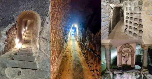 Sotterranei del borgo medievale di Orte: scale scavate nella roccia, cunicoli illuminati e nicchie antiche.